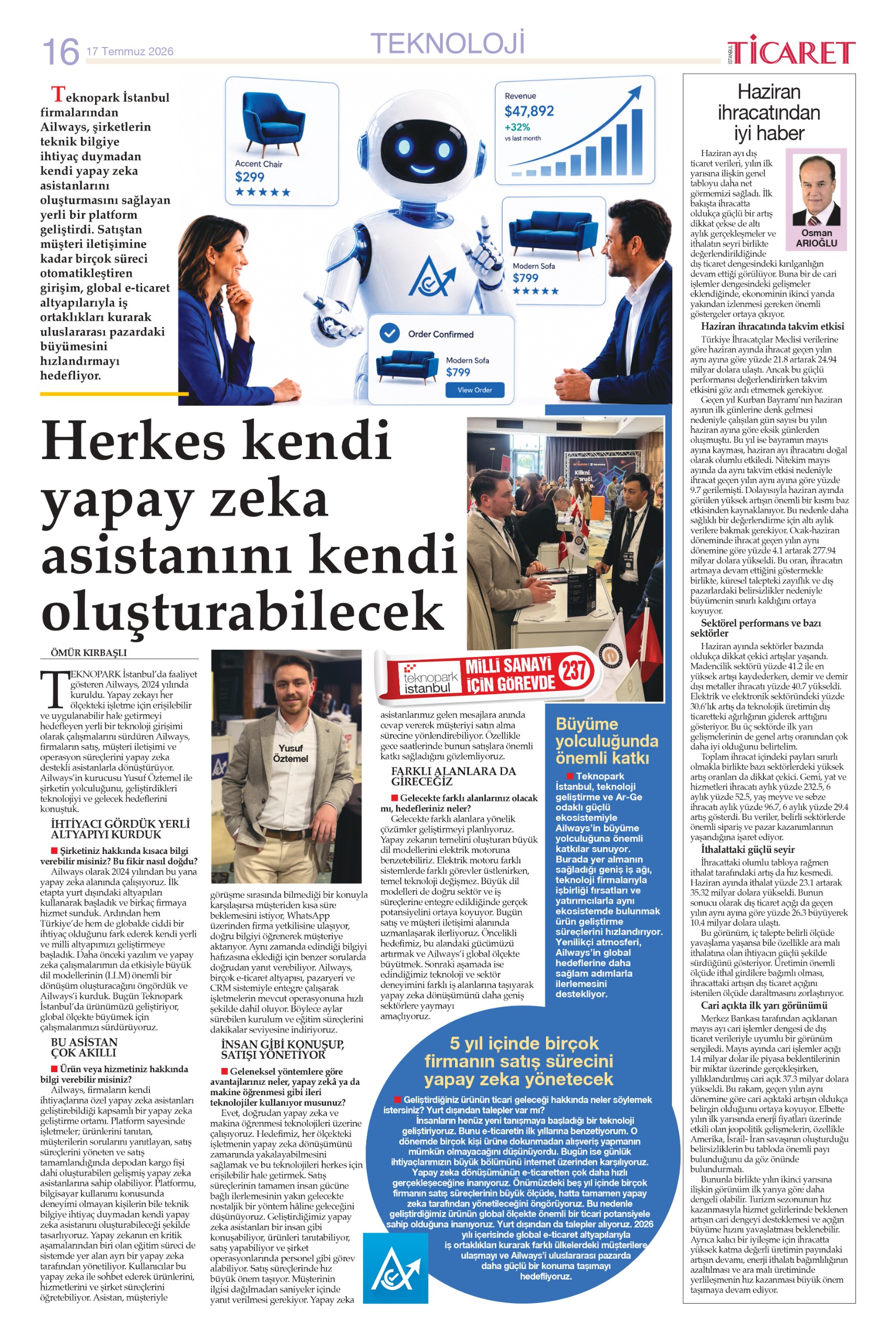 İstanbul Ticaret Gazetesi'nde yayımlanan Ailways haberinin tamamı